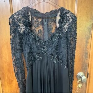 Black lace and beaded gown w/ long sleeves, empire waist, chiffon full skirt 8